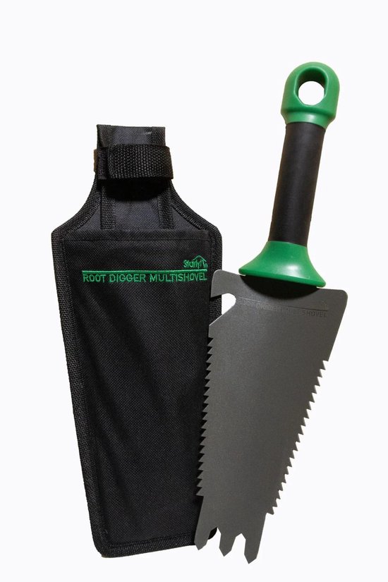 Multischaufel Blumenkelle Root Digger aus Manganstahl mit ergonomischem Griff, Wurzelzähnen, Kerbe für Bindfäden und Schutzhülle für Gartenarbeit