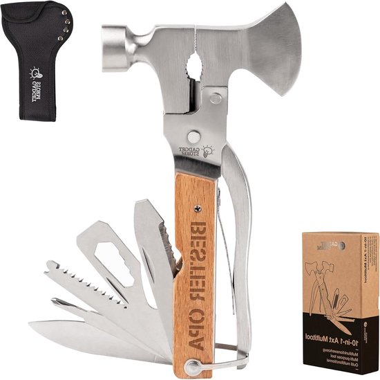 Multitool bijl met gravure - multifunctioneel gereedschap met hamer - verjaardagscadeau opa - knutselgadget met tas - klein - 11-in-1 - multigereedschap - cadeaus voor mannen van Merkloos	