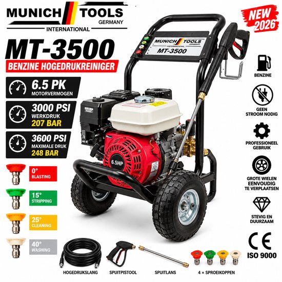 Munich Tools MT-3500 Benzine Hogedrukreiniger - 248 bar - 6.5 PK - 3000 PSI Werkdruk - 3600 PSI Max - Incl. 4 Sproeikoppen