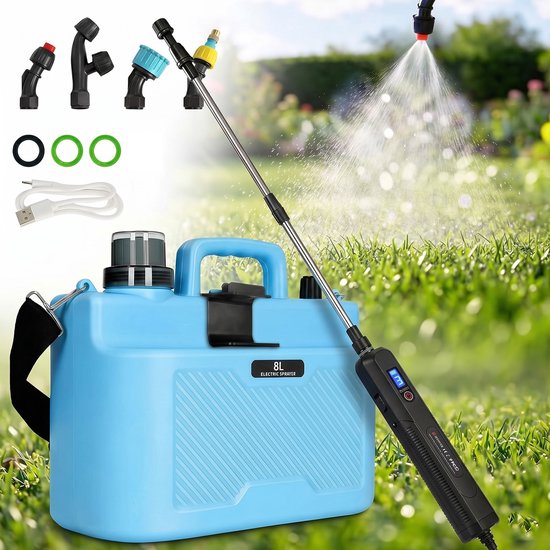 MUPOO Elektrische Drukspuit zuurbestendig 8L-draagbare Plantenspuit Accu- tuinsproeier met 4 Sproeikoppen-onkruidspuit-gifspuit- 3 Standen - Blauw