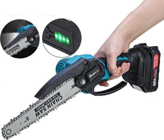 MUSTOOL Kettingzaag - Accu Kettingzaagen - Elektrisch Draadloze - 8 inch - tot Ø20cm - met 2 Accu en oplader - voor tuinboom houtsnijden - Zwart Blauw van Merkloos	