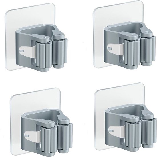 Muur Bezemhouder - 4 stuks - grijs - 5.6*5.6*4.5 cm - PVC - zelfklevend - zonder boren - Wand organizer - voor dweilen / bezems / tuingereedschap van Vivid Green