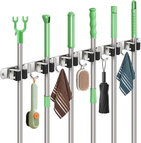 Muurbeugel voor bezems met 6 houders en 5 haken, roestvrij staal voor keuken, badkamer en garage, multifunctioneel en ruimtebesparend