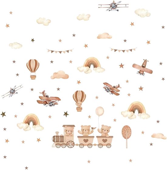 Muurstickers voor kinderen, vintage, beren, trein, heteluchtballonnen, regenboog, wolken, sterren, avontuur, 90 x 150 cm