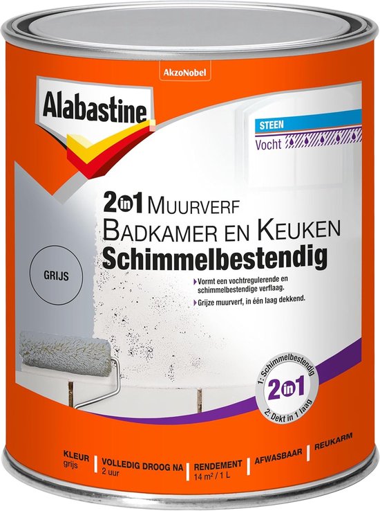 Muurverf Badkamer Keuken - Schimmelwerende Verf - Vochtige Ruimtes - In 1 Laag Dekkend - 1 Liter 14m2 - Grijs