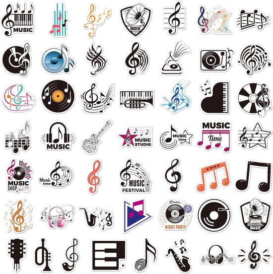 Muziekstickers, 50 stuks, muziekstickers voor waterflessen, vinyl, waterdicht, muziek, doodle stickers, scrapbook-stickers voor laptop, gitaar, auto, motorfiets, skateboard, bagage van Merkloos	