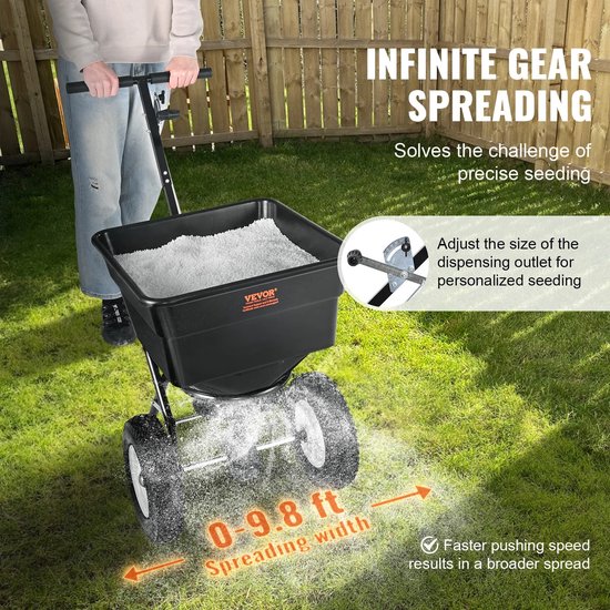 MyGroot - Kunstmeststrooier - Zaadstrooier - met 12 inch wielen - Stalen spies beluchter- Kunstmeststrooier - Tuinzaaimachine en zoutstrooier - Voor woongebouwen - Boerderijen- Moeilijk terrein - 36,29 kg- Zwart. van MY
