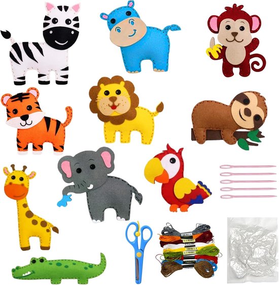 Naaiset voor kinderen - 10 stuks viltdieren - doe-het-zelf dierenvormen - vilten knutselset voor beginners - creatieve knutselset - cadeau-idee voor kinderen van Merkloos	