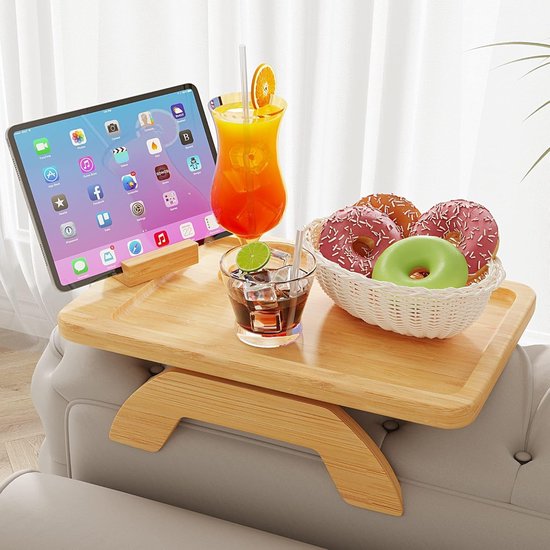 Natuurlijke Houten Bank Side Table - Vouwbare Bank Arm Tray met Draaiende Telefoonhouder - Draagbare Sofa Armleuning Clip-On Tray voor Dranken Telefoon Snackhouder van Merkloos	