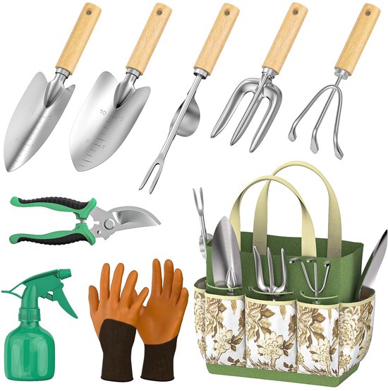 NAVOBIZ 9-delige tuingereedschap set - Tuinhandgereedschap - Tuinonderhoud - Roestvrijstaal - Met snoeischaar - Opbergtas - Zilver