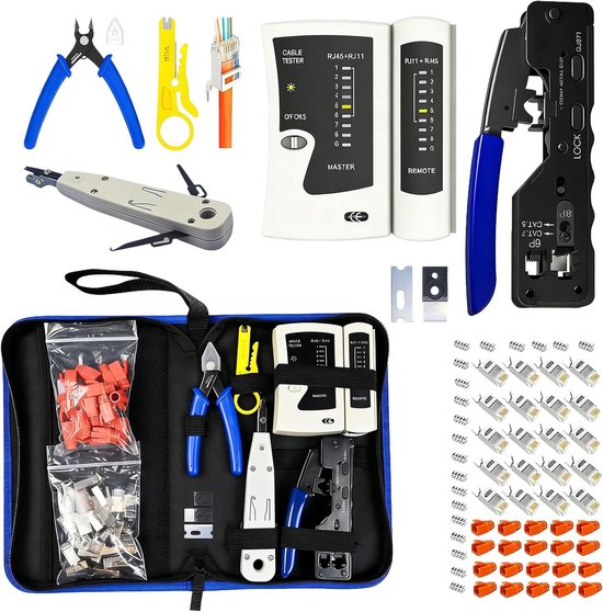 Netwerkreparatieset met 20 kabelstekkers, pass-through RJ45 krimptang voor Cat7 Cat6 Cat5, striptang, netwerktester voor RJ45/RJ11/RJ12 kabel, LSA-montagegereedschap
