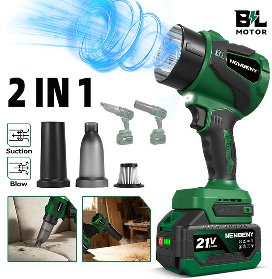 NewBeny 2-in-1 Accu Bladblazer & Stofzuiger - Krachtige 650M/S Elektrische Jet Fan - Compacte Reinigingstool voor Dierenharen, Tapijt, Bladeren, Sneeuw en Stof