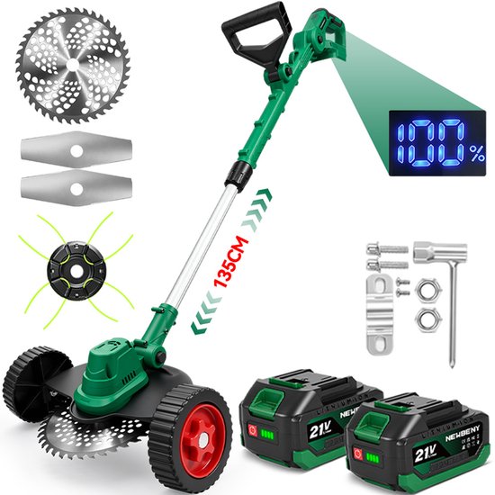 NewBeny Accu Grastrimmer - 20 cm Snijbereik - Telescopische Bosmaaier - Borstelloze Kantenmaaier - met 2x 4.0Ah Accu’s - voor gazon, struiken en onkruid.