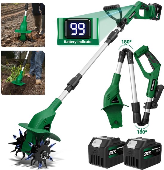 NewBeny Accu Grondfrees - 600 tpm - Elektrisch Tuinfrees - Borstelloze motor- met 2x 4.5Ah Accu's - 15 cm werkdiepte - 20 cm werkbreedte - Accu Motorhak van Newbeny