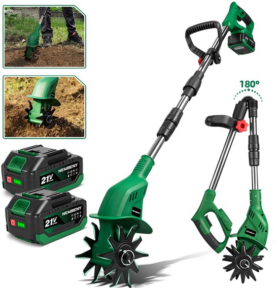 NewBeny Accu Grondfrees - Elektrische motorhak - 660 tpm Tuinfrees - met 2x Accu's - 15 cm grondbewerkingsdiepte, 10 cm bewerkingsbreedte van Merkloos	