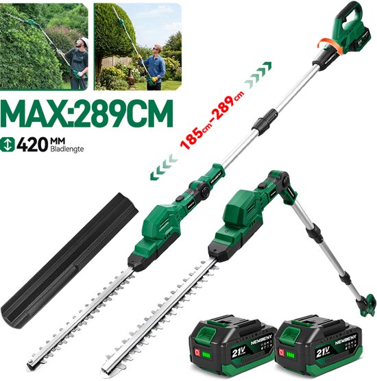 NewBeny Accu Heggenschaar - Telescopische Heggenschaar - 42 cm Bladlengte - met 2x Accu's - 180° Einstellbarer Kopfwinkel en Handgreep - Werklengtes tot 2,89 m