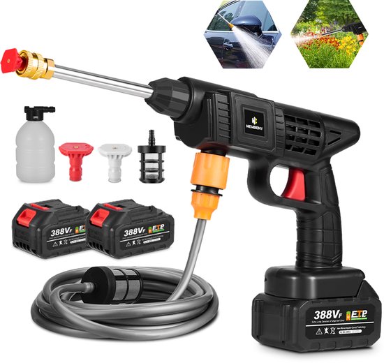 NewBeny Accu Hogedrukreiniger - 30 Bar Mobiele Drukreiniger - 300W - Draadloze Hogedrukreiniger - met 2x 3.0Ah Batterij - Voor Auto, Hekwerk, Vloerreiniging en Bewatering van Newbeny