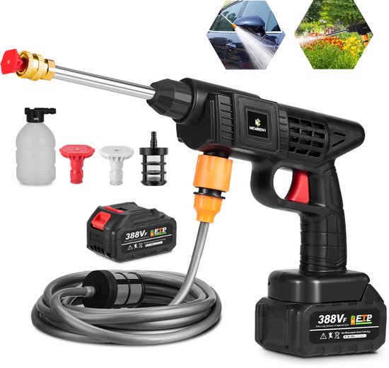 NewBeny Accu-Hogedrukreiniger - 30 Bar Mobiele hogedruk-waterpistool - 21V Hogedrukreiniger Auto - mit Accu - slang van 5 m - filterboiler - Voor Auto, Hekwerk, Vloerreiniging en Bewatering van Merkloos	