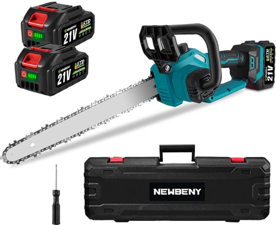 NewBeny Accu Kettingzaag - 12 inch Zaagblad - Borstelloze Kettingzaag - Snoeizaag - Takkenzaag - met 2x Accu - Automatische Kettingsmering - voor taksnijden en houtbewerking, inclusief