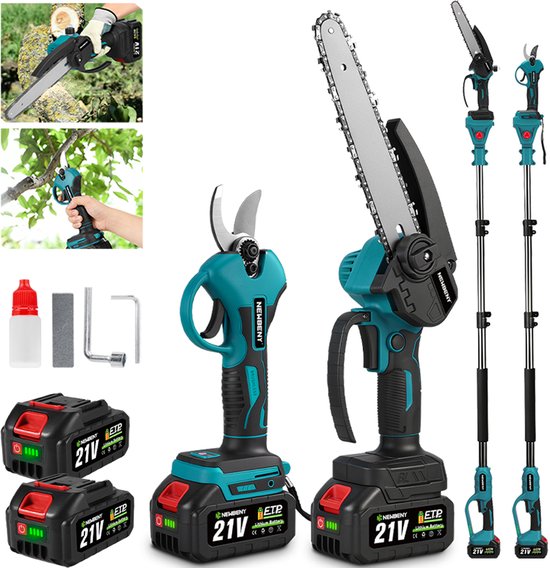 NewBeny Accu Kettingzaag + Snoeischaar Telescopische steel - Accu Hoogsnoeier - 8" Borstelloze kettingzaag - Met 2 Accu's - voor boomtakken, houtzagen van Merkloos	