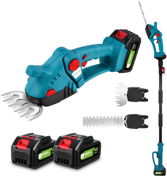NewBeny Accu Telescoop Heggenschaar - met 2x Accu’s - 3-in-1 Heggenknipper - Struikschaar - Grasschaarmes - voor struik, tuin, gras, gazon en snoeien van Merkloos	