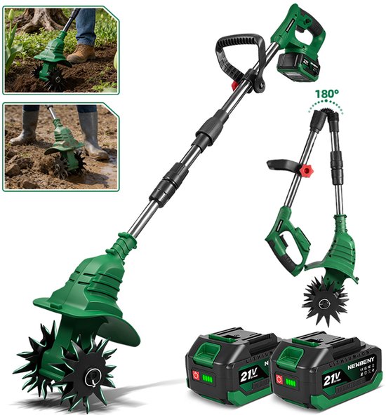 NewBeny Elektrische Grondfrees - 900 tpm Tuinfrees - Draadloze motorhak - 17cm Zaagbreedte - met 2 Accu's - voor het graven en losmaken van de grond