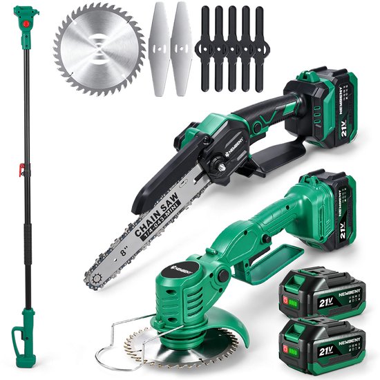 NewBeny Kettingzaag + Grastrimmer Telescopische Steel - 3-in-1 Tuinset - met 2 accu's - Borstelloze motor - Gazonkantentrimmer - Telescopische takkenzaag voor tuin