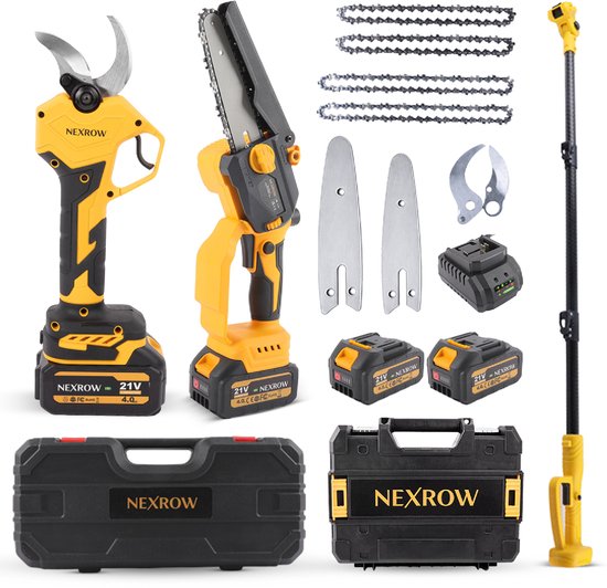 NEXROW® Elektrische Snoeischaar + Mini Kettingzaag Combideal – Telescopische Steel 2,5m – Inclusief Reservekettingen & Snoeimessen, 2x 4000 mAh & 2x 4,0 Ah Accu’s, Oplaadstation & Opbergkoffer – Brushless Motor – Veiligheidssloten van Merkloos	