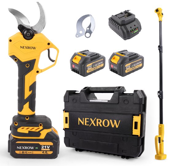 NEXROW® Elektrische Snoeischaar + Telescopische snoeisteel Incl. Opbergkoffer, 2x 4.0ah Accu’s en reserve snoeimessen - 40mm Snijdiameter - Professioneel Heggenschaar op Batterij - Draadloos Elektrisch Takkenschaar - Tuinschaar van NEXROW