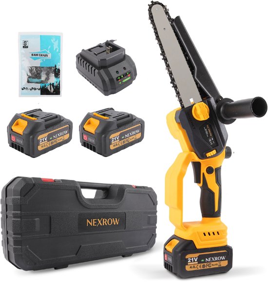 NEXROW Mini Kettingzaag – Elektrische Snoeizaag – 6 & 8 Inch Zaagblad – 2x 4000 mAh Accu – Inclusief Oplaadstation & Schuimkoffer – Brushless Motor – Automatische Kettingsmering – Veiligheidskettingrem van NEXROW