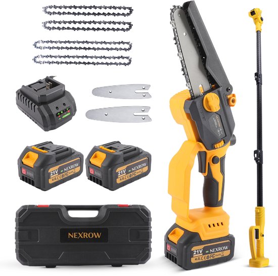 NEXROW® Mini Kettingzaag + Telescopische snoeisteel 2,5m – 6 & 8 Inch Zaagblad – 2x 4000 mAh Accu – Inclusief Oplaadstation & Schuimkoffer – Brushless Motor – Automatische Kettingsmering – Veiligheidskettingrem van Merkloos	