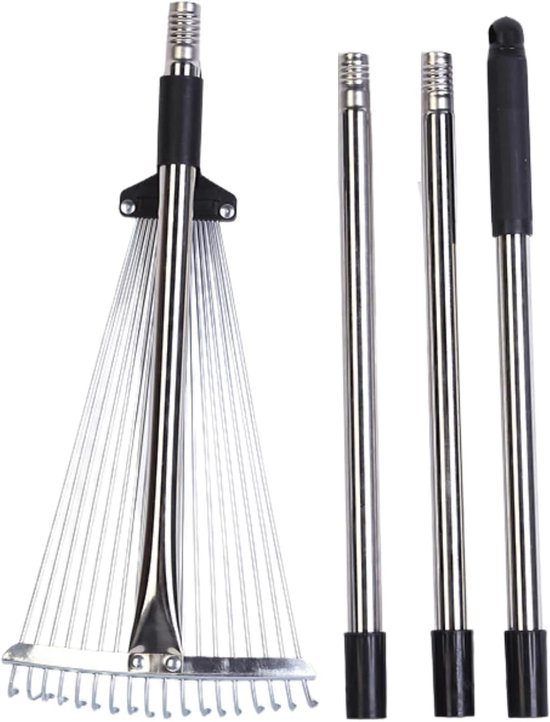 Nikou Leaf Rake with Adjustable Handle, 180 cm Rake, Fan Broom, 18 Teeth, Garden Rake with Gloves, Grass Rake, Leaf - ShopVlot
