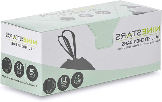 NINESTARS NSTB-13-30 Extra Sterke Witte Vuilniszak met Trekkoord Sluiting, 13 Gal. / 49 L., 30 count, Verpakking kan variëren