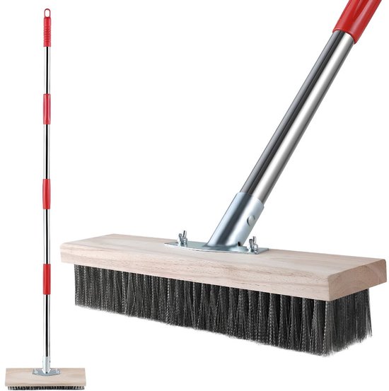 NIVA® Onkruidborstel - Onkruidverwijderborstel met 4 Verlengstukken – RVS Borstel met Bladschraper – Voor Terras en Voegen - Zilver/Rood - 4cm x 30cm x 145cm
