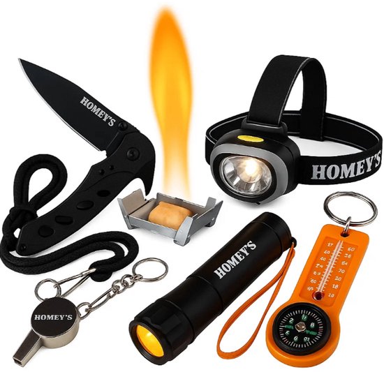 Noodpakket – Homey's Complete Noodset met Esbit Emergency Stove, Zakmes, Kompas, Fluitje, Zaklamp & Hoofdlamp van Merkloos	