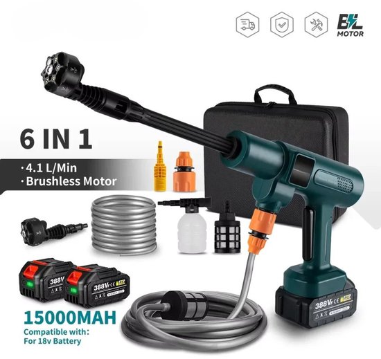 Norvia Draadloze Hogedrukreiniger Voor Terras En Auto - Inclusief 2 Accu's - 6 in 1 Mondstuk - 200 Bar - 246 Liter Per Uur van Merkloos	