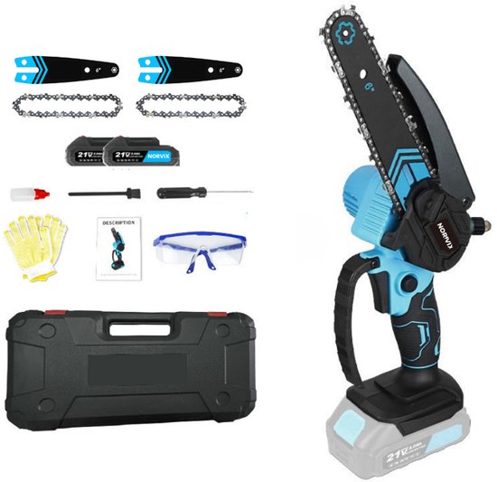 Norvix® Elektrische Mini Kettingzaag – Brushless Snoeizaag – 2 Geleiderail&2 Kettingen– 6 Inch – 2 Accu's – Automatische Smering – Inclusief opbergkoffer en overige accessoires – Blauw van Merkloos	