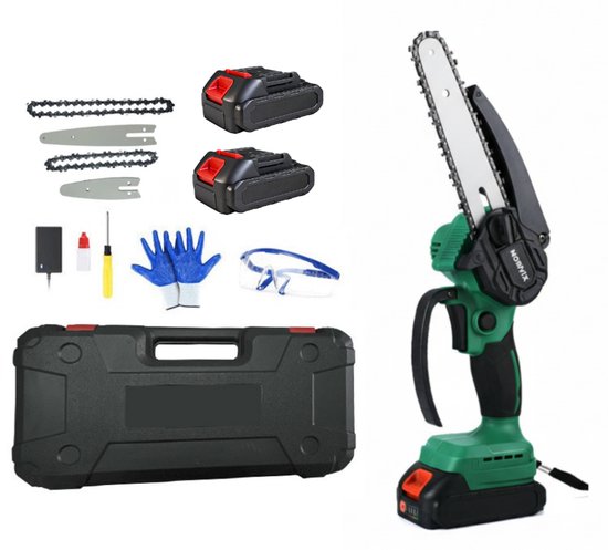Norvix® Elektrische Mini Kettingzaag – Brushless Snoeizaag – 2 Geleiderails & 2 Kettingen – 4 & 6 Inch – 2 Accu's – Inclusief Opbergkoffer en Accessoires – Groen van Merkloos	