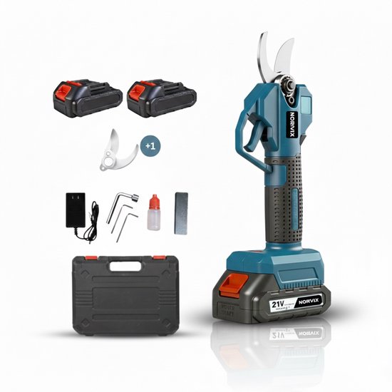 Norvix® Elektrische Snoeischaar – 28 mm Snijdiameter – Professionele Takkenschaar – Draadloos met 2 Accu’s – Borstelloze Motor – LCD-Display – Inclusief Opbergkoffer & Reserve Snoeimessen van Merkloos	