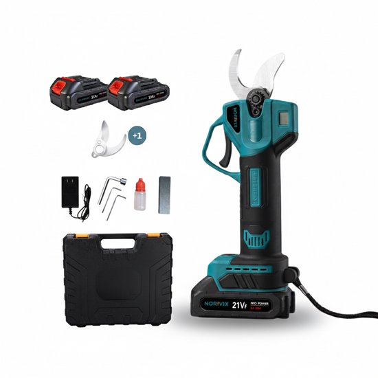 Norvix® Elektrische Snoeischaar – 30 mm Snijdiameter – Professionele Takkenschaar – Verstelbare Snijopening – Draadloos met 2 Accu’s – Borstelloze Motor – LCD-display – Inclusief Opbergkoffer & Reserve Snoeimessen van Merkloos	