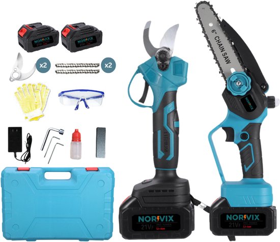 Norvix Elektrische Snoeischaar & Mini Kettingzaag Set – 6 Inch Kettingzaag – 25–39 mm Snoeicapaciteit – 2×2000 mAh Accu – Inclusief Extra Mes & Ketting van Merkloos	
