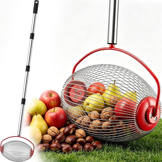 Notenraper - Fruitverzamelaar Plukker - Noten Verzamelaar - Eikelraper - Golfbalverzamelaar - Uitschuifbare Handgreep - Notenverzamelaar - Noten Verzamelaar - Tuingereedschap - Tuingereedschap - rood