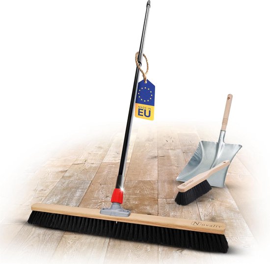 Novaliv Grote bezem 80 cm met steel kunststof borstels halbezem inclusief veegset verzinkt bestaande uit stoffer en blik handborstel fijne bezem ideaal als werkplaatsbezem halbezem huisbezem met steel van Merkloos	