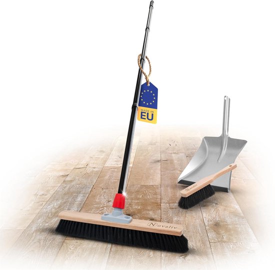 Novaliv Grote Bezem Zaalbezem 60 cm met Steel Borstels Paardenhaar Bezem inclusief Veegset verzinkt met rubberen lip bestaande uit stoffer en blik handveger fijne werkplaatsbezem industriële bezem met steel van Novaliv