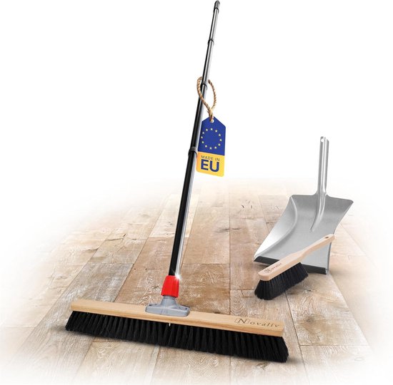Novaliv Grote Bezem Zaalbezem 60 cm met Steelborstels Synthetische borstelharen Inclusief veegset verzinkt met rubberen lip bestaande uit stoffer en blik handborstel Fijne bezem Werkplaatsbezem Industriële bezem met Steel van Novaliv