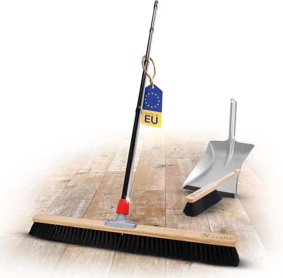 Novaliv Grote Bezem Zaalbezem 80 cm met Steelborstels Synthetische borstels Inclusief gegalvaniseerde veegset met rubberen lip bestaande uit stoffer en blik en handborstel Fijne bezem Werkplaatsbezem Industriële bezem met Steel van Novaliv