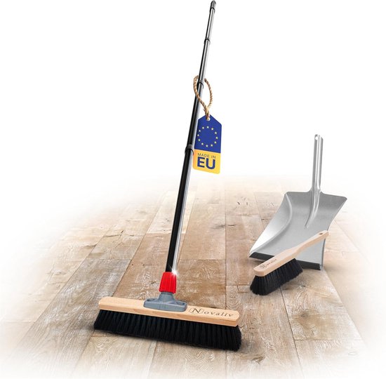 Novaliv halbezem 40 cm met steelborstels synthetische borstels inclusief verzinkte veegset met rubberen lip bestaande uit stoffer en blik en handborstel fijne bezem Ideaal als werkplaatsbezem Industriële bezem met steel van Novaliv