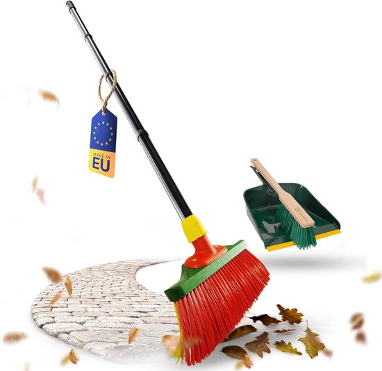 Novaliv klauwbezem met steel 30 cm inclusief buitenveegset, speciale bezem met gebogen borstelharen, rood en geel - ideaal als tuinbezem, schraapbezem, kunstgrasbezem, ideaal voor op de camping van Merkloos	