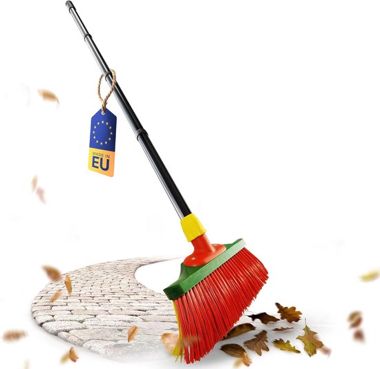 Novaliv klauwbezem met steel 30cm, speciale bezem met gebogen borstelharen, rood en geel - ideaal als tuinbezem, schraapbezem, kunstgrasbezem, ideaal voor op de camping, straatbezem van Novaliv