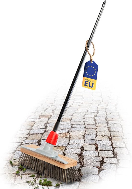 Novaliv Robuuste staalbezem met steel - stalen bezem met telescopische steel, efficiënte mosverwijdering, staalborstel, voor bestrating & tuin, staaldraadbezem, moskrabber, pizzabezem, pizzasteenborstel van Novaliv